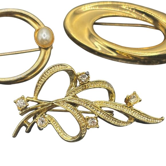 Designer Lot Brooches Napier, Gerry & Faux Pearl Round Pin Gold-Tone Vintage - Picture 2 of 12